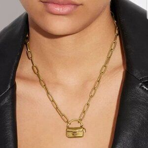NWT Coach Mini Tabby Handbag Charm Brass Tone Pendant Paperclip Chain Necklace